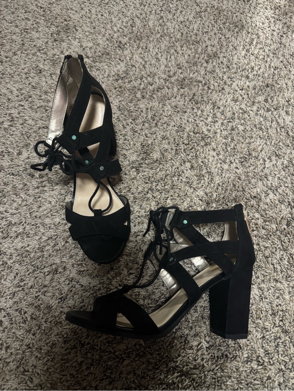 Black Suede Lace-Up Block Heel Sandals - Women